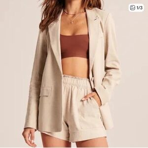 Abercrombie & Fitch Tan Single-Breasted Linen Blazer Jacket